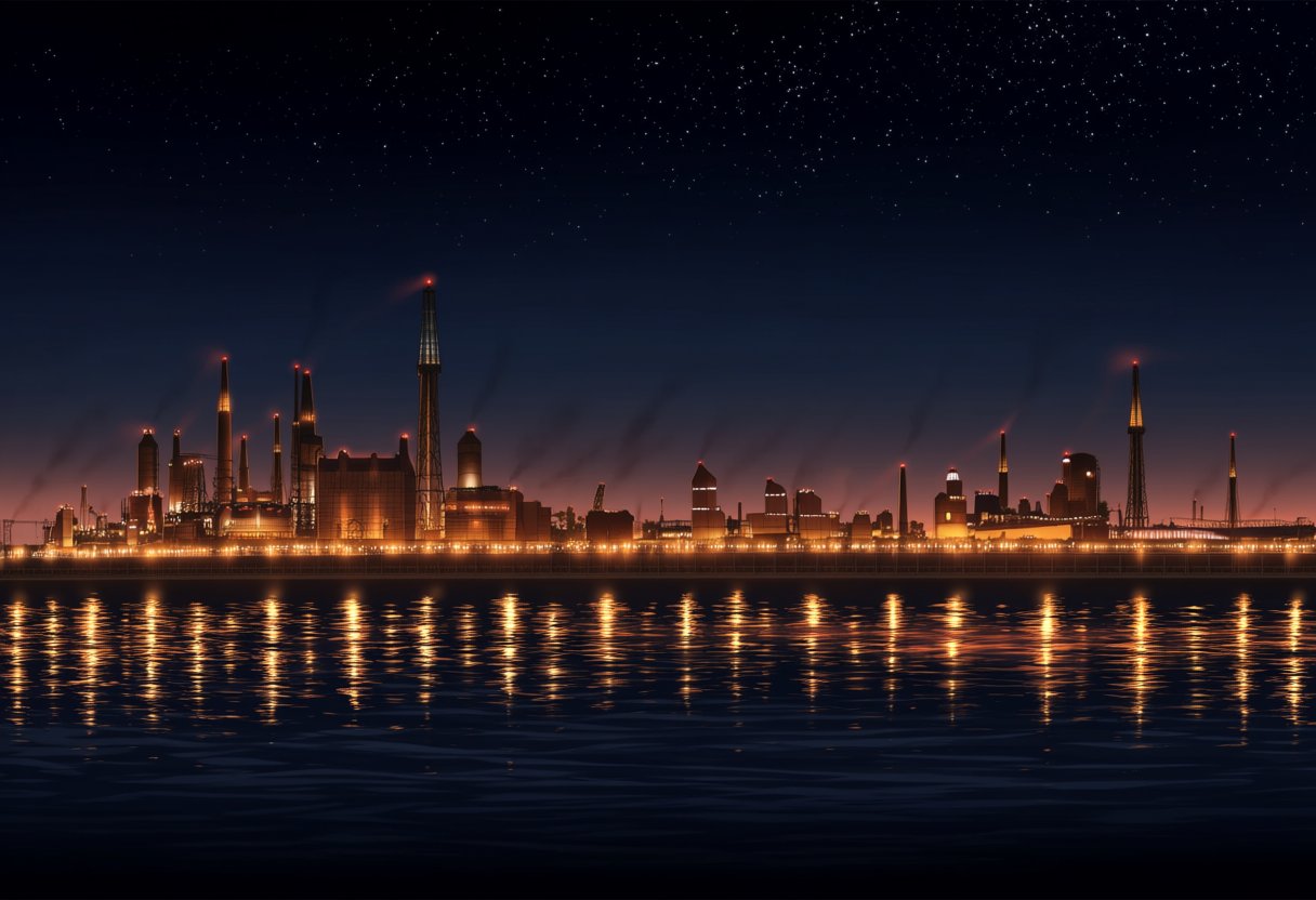 イメージイラスト: 海沿いの工場夜景（鉄の町・北九州のイメージ）