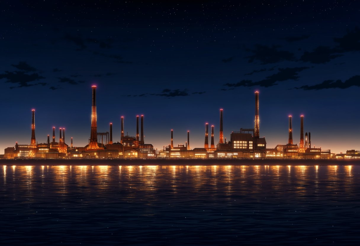 イメージイラスト: 海沿いの工場夜景（北九州のイメージ）